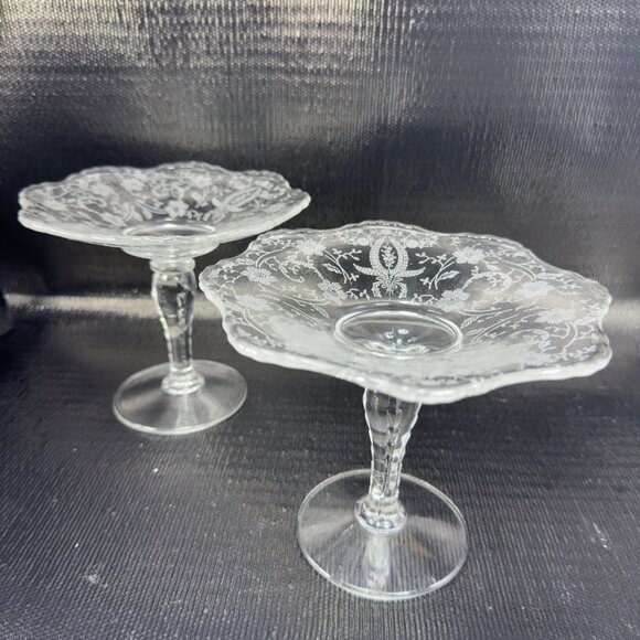 New Martinsville Viking Clear Footed Compote Etched Votives Manganese 365nm Set2 - Picture 15 of 15